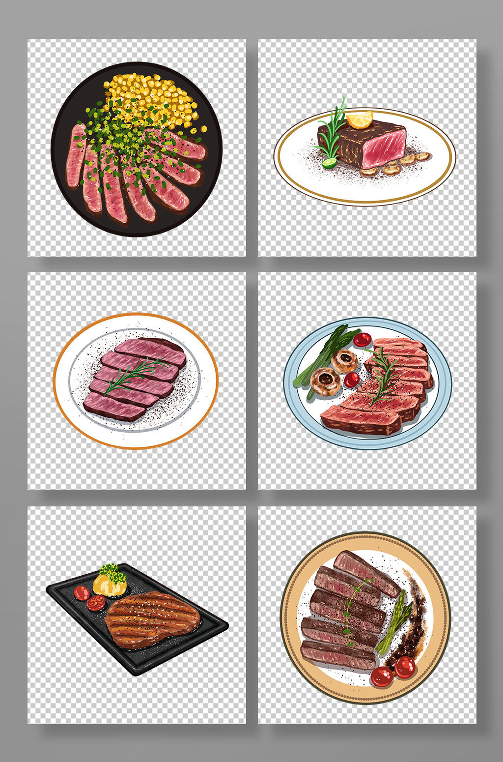 卡通美味手绘牛排美食组合插画元素素材