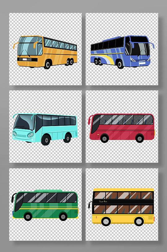 手绘卡通大巴士交通工具组合插画元素