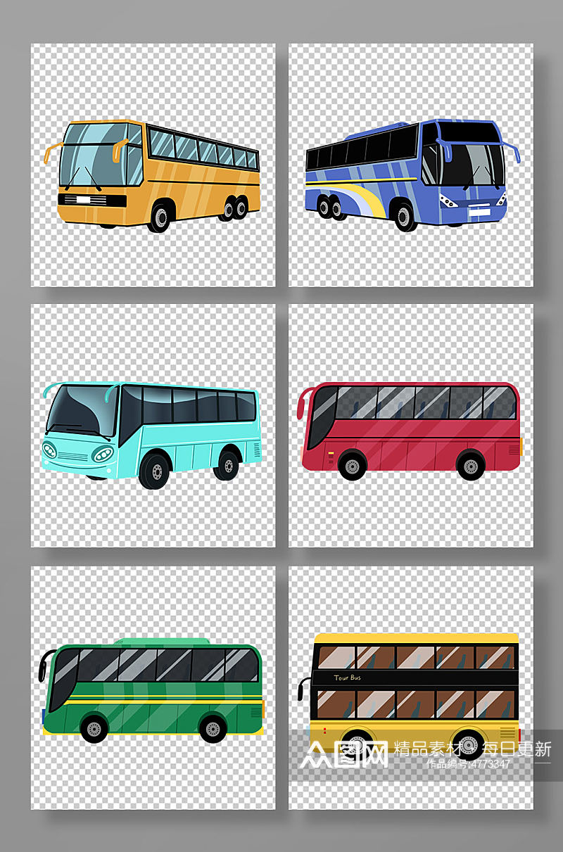 手绘卡通大巴士交通工具组合插画元素素材