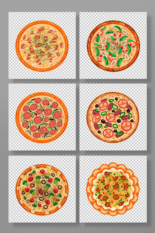 美味手绘卡通披萨组合插画元素