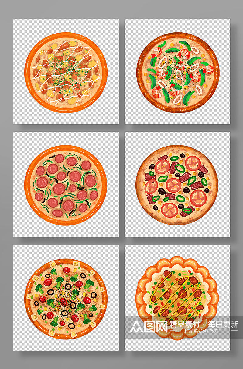 美味手绘卡通披萨组合插画元素素材
