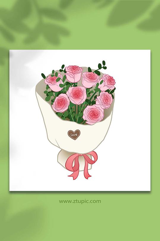 手绘卡通粉色玫瑰花束元素插画-众图网