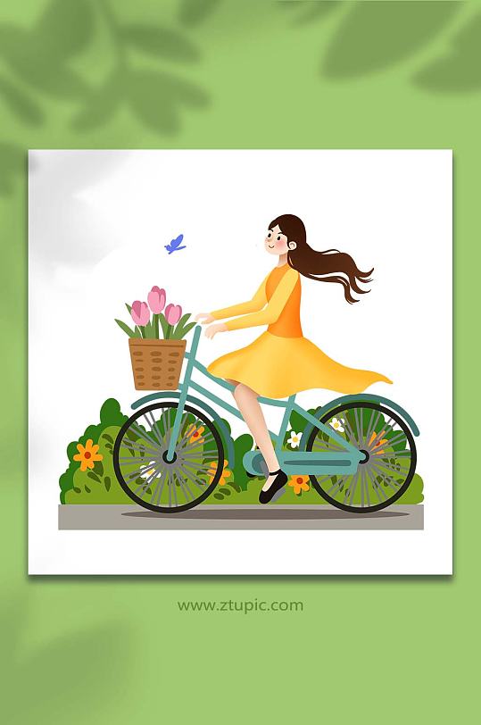 手绘卡通春天春游人物骑自行车元素插画-众图网