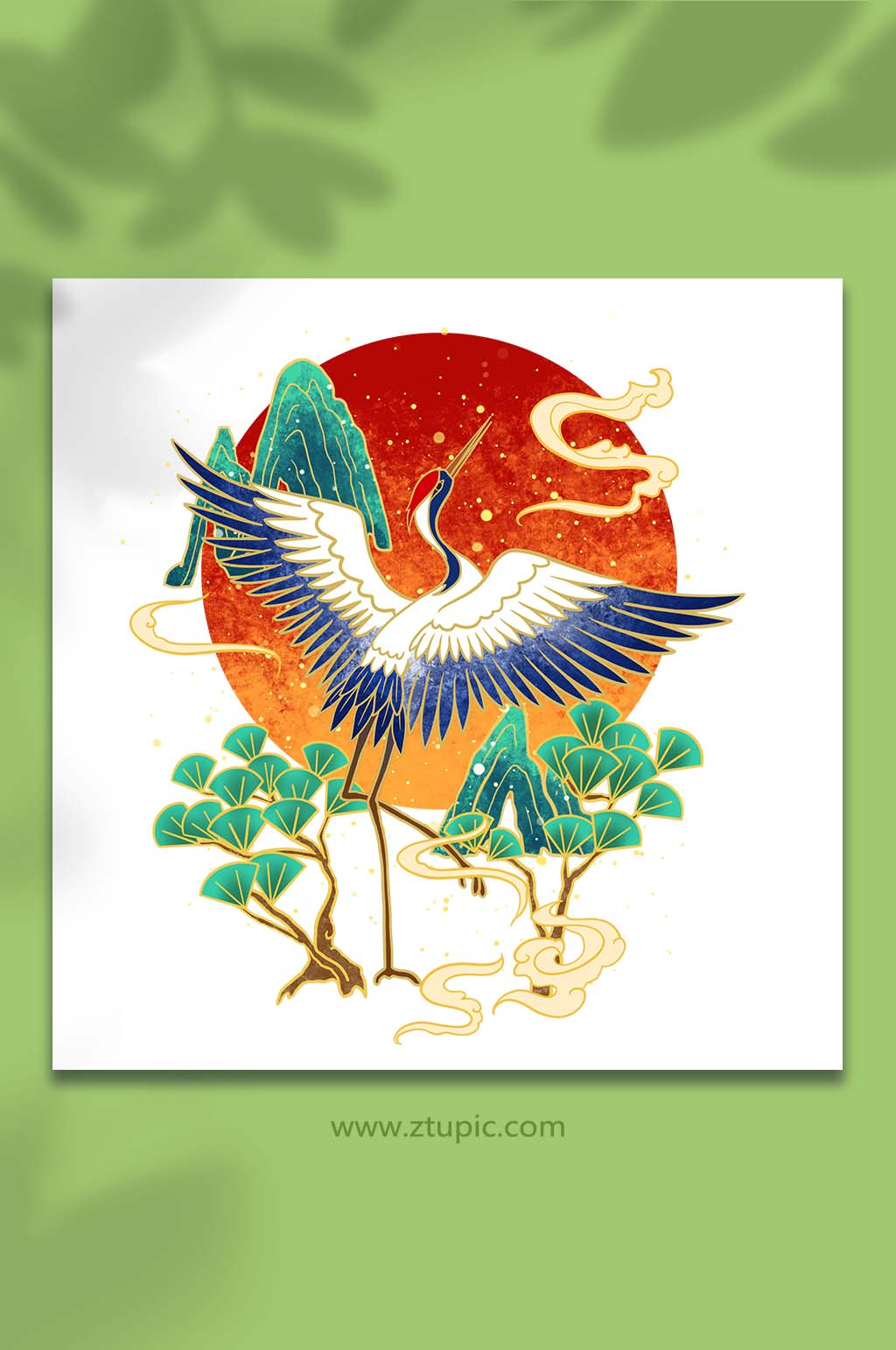 手绘卡通国潮仙鹤与松树元素插画素材