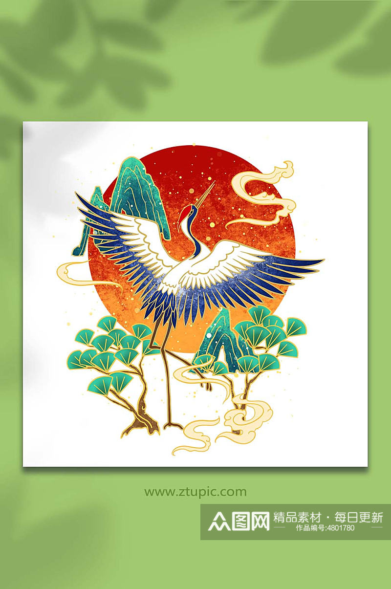 手绘卡通国潮仙鹤与松树元素插画素材