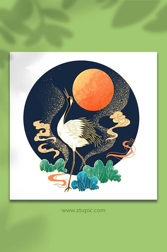 手绘卡通国潮复古仙鹤元素插画