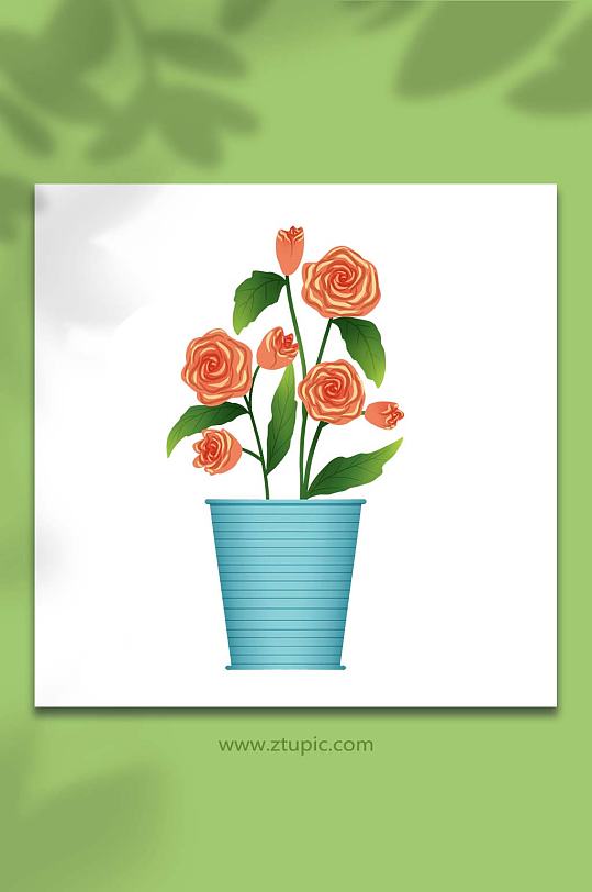 手绘卡通植物花草橙色玫瑰盆栽元素插画