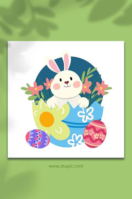 手绘卡通复活节破壳彩蛋兔子元素插画-众图网