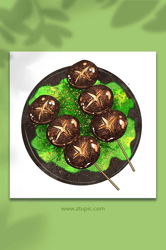 手绘卡通美食烧烤香菇元素插画