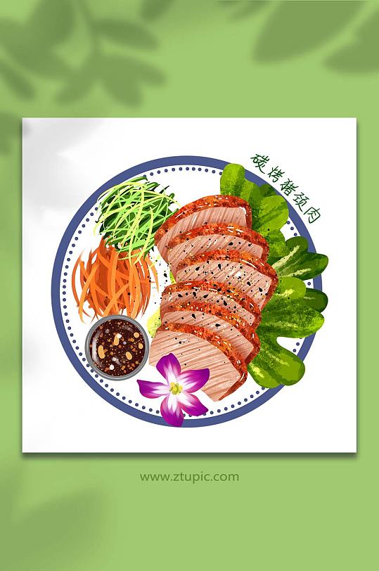 手繪卡通泰國美食碳烤豬頸肉元素插畫
