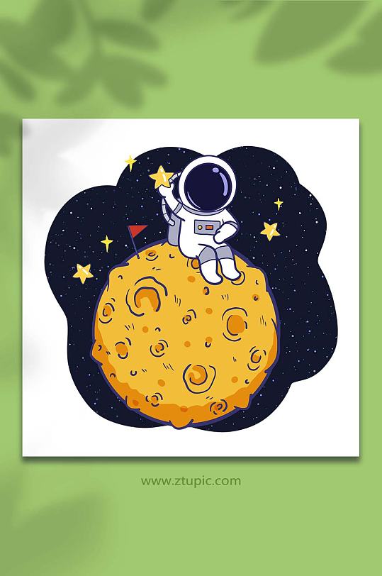 手绘卡通太空航天宇航员登陆月球元素插画