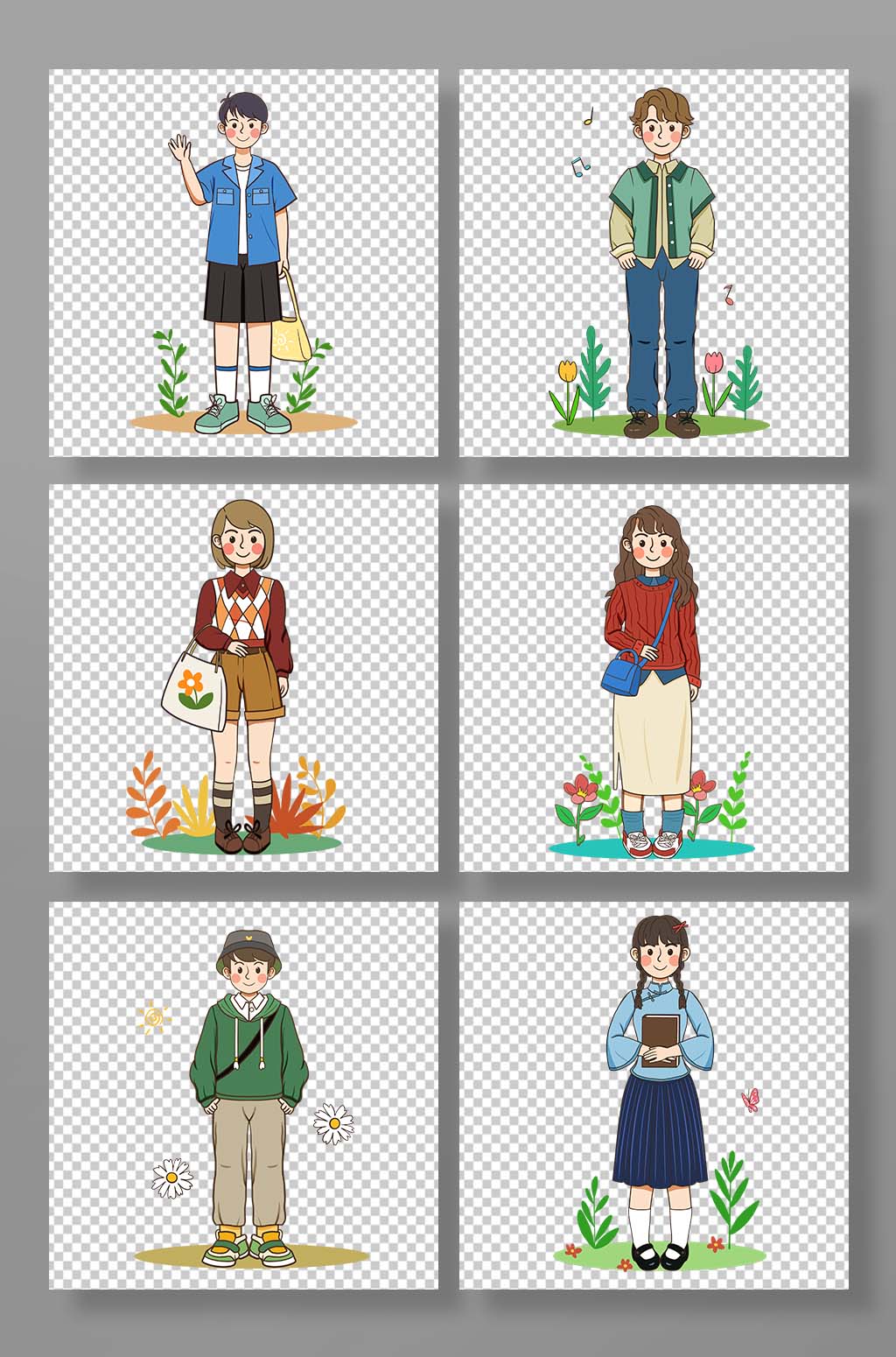 手绘卡通五四青年男女人物组合元素插画素材