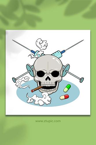 手绘卡通人物拒绝毒品药物元素插画
