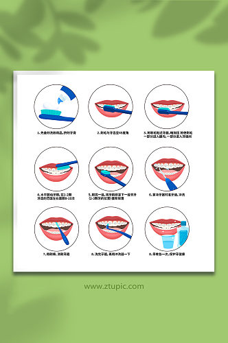 清洁口腔带牙套牙箍刷牙方式步骤科普插画
