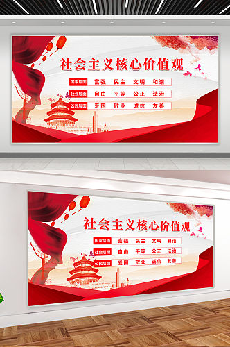 红色简约水墨核心价值观展板宣传海报