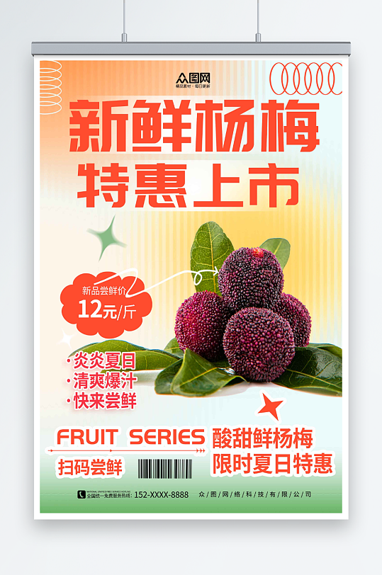 彩色新鲜杨梅夏季水果果园促销海报
