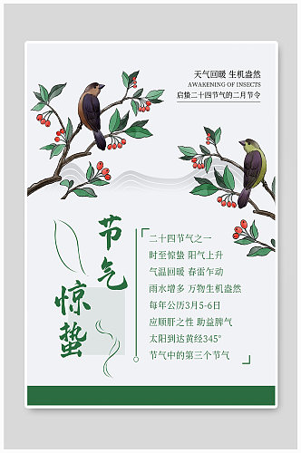 清新惊蛰二十四节气花鸟宣传海报