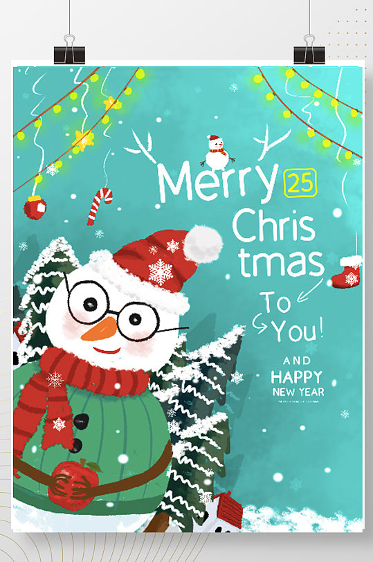手绘可爱雪人英文圣诞节圣诞快乐祝福海报