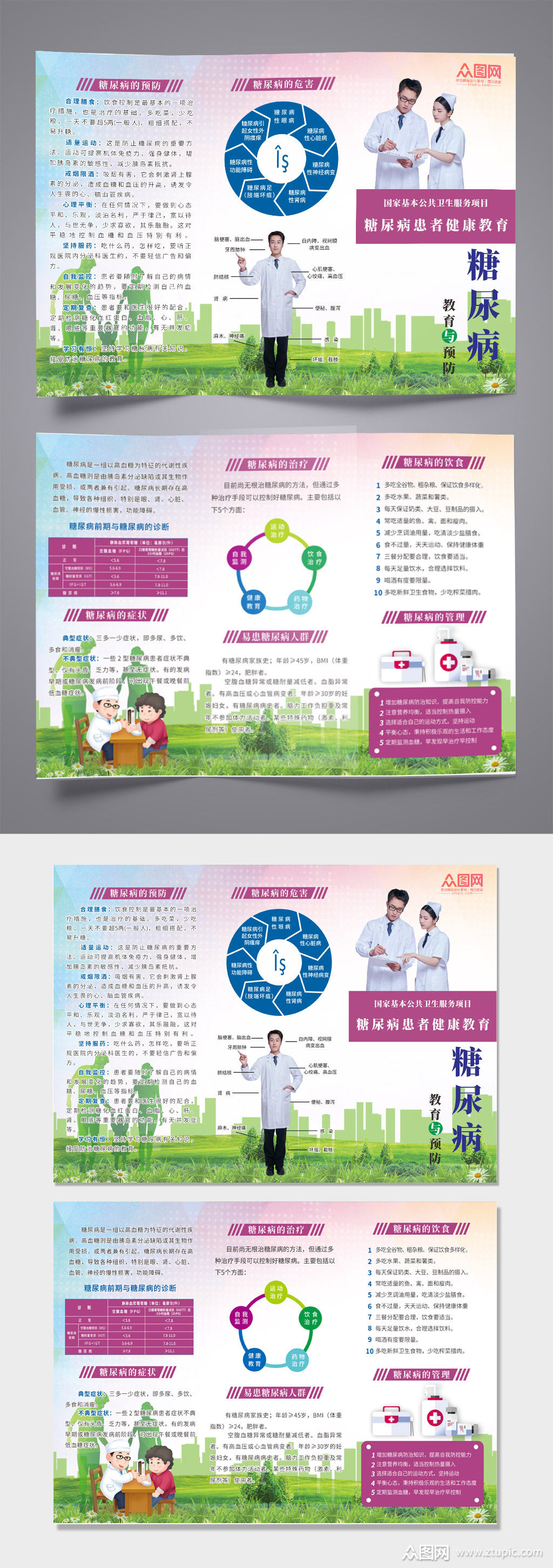 绿底健康预防糖尿病三折页素材