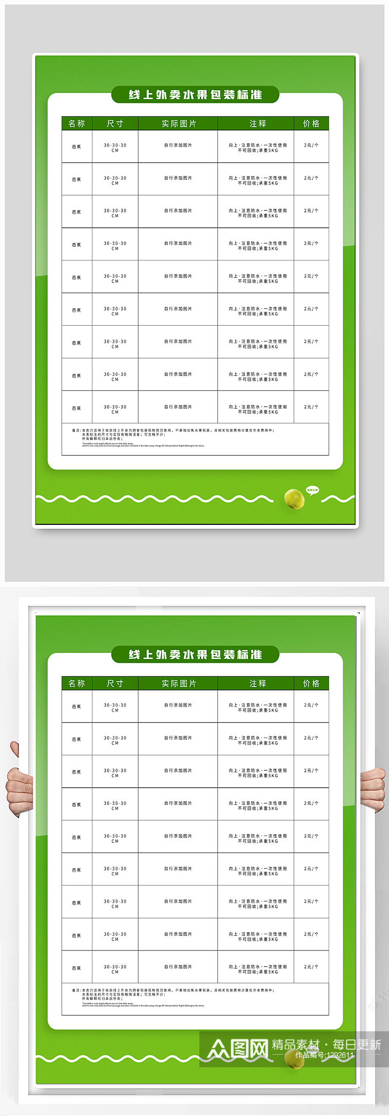 外卖水果包装价目表素材