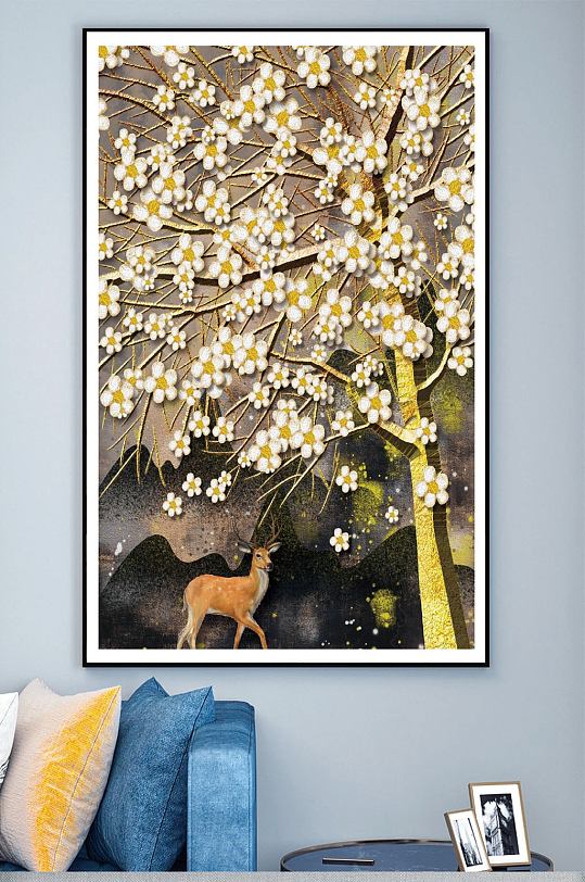中式鹿梅花装饰画-众图网