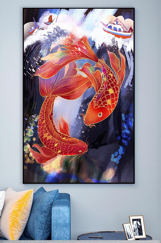 中国风鲤鱼轻奢背景画壁画
