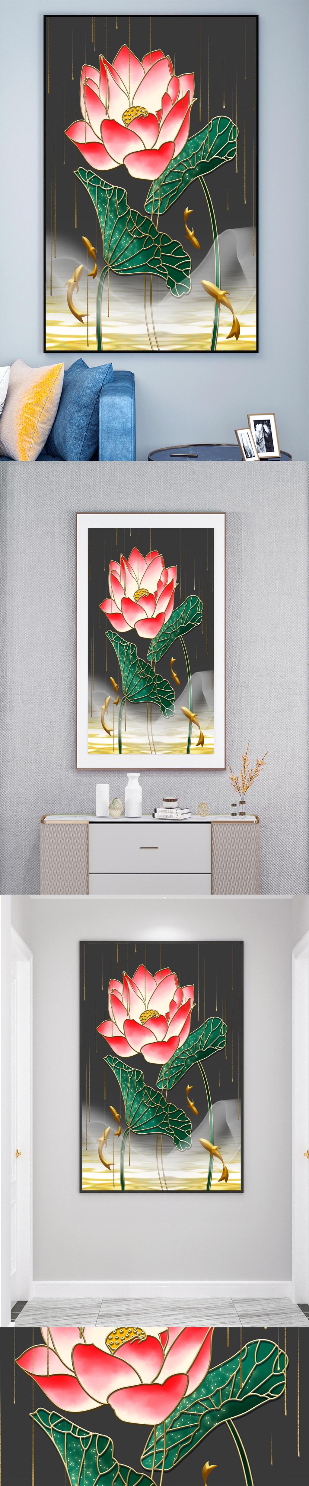 中国风荷花山水画壁画素材