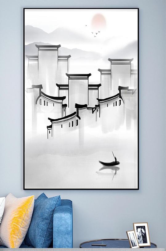 风水墨徽派建筑壁画