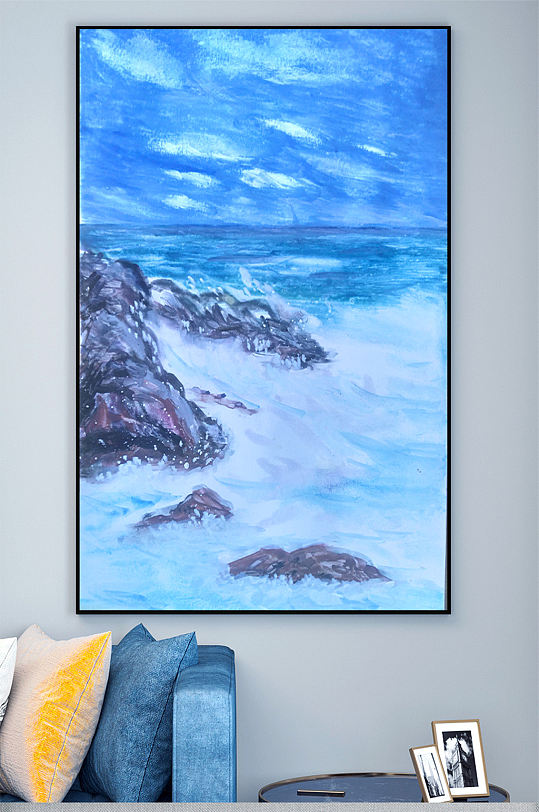 油画海浪蓝色壁画装饰画-众图网