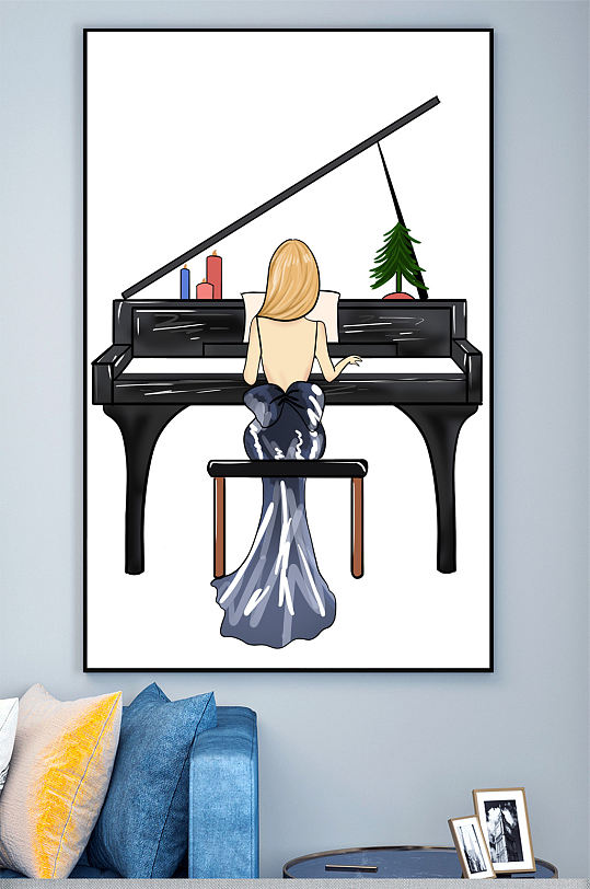 钢琴美女装饰画壁画