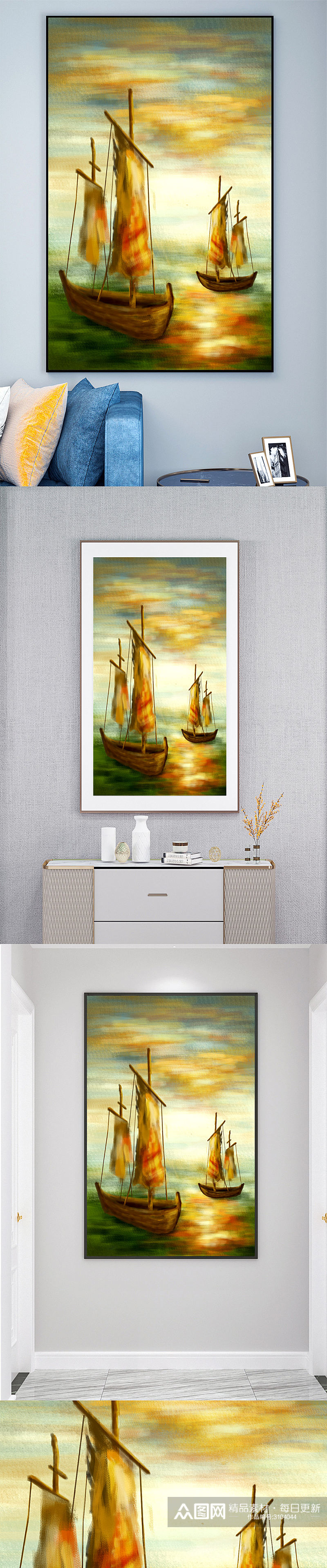 油画帆船壁画装饰画素材