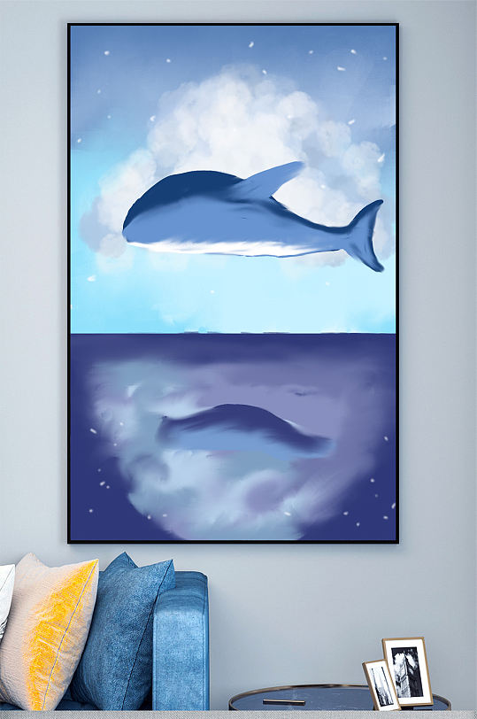 油画海洋蓝鲸动物装饰画