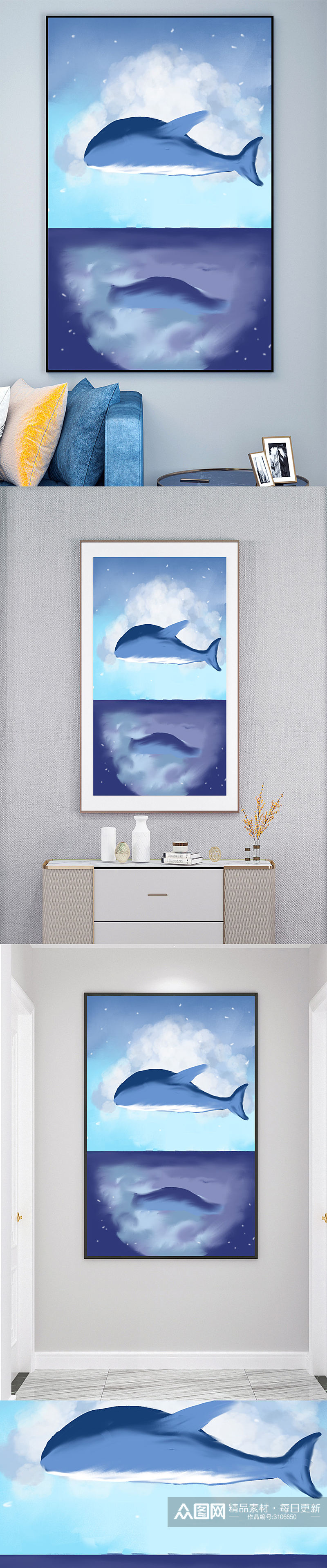 油画海洋蓝鲸动物装饰画素材