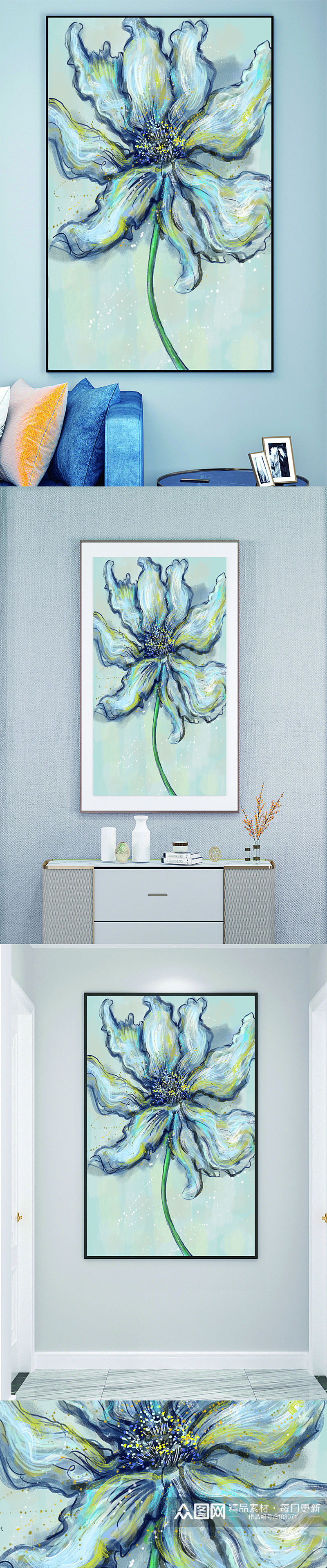 油画蓝色鲜花装饰画壁画素材