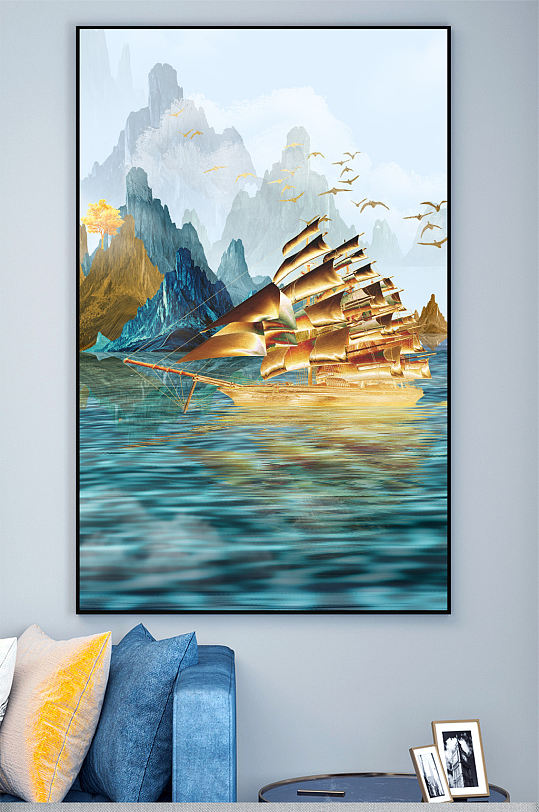 轻奢帆船玄关壁画装饰画