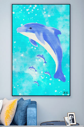 儿童房手绘海豚壁画装饰画