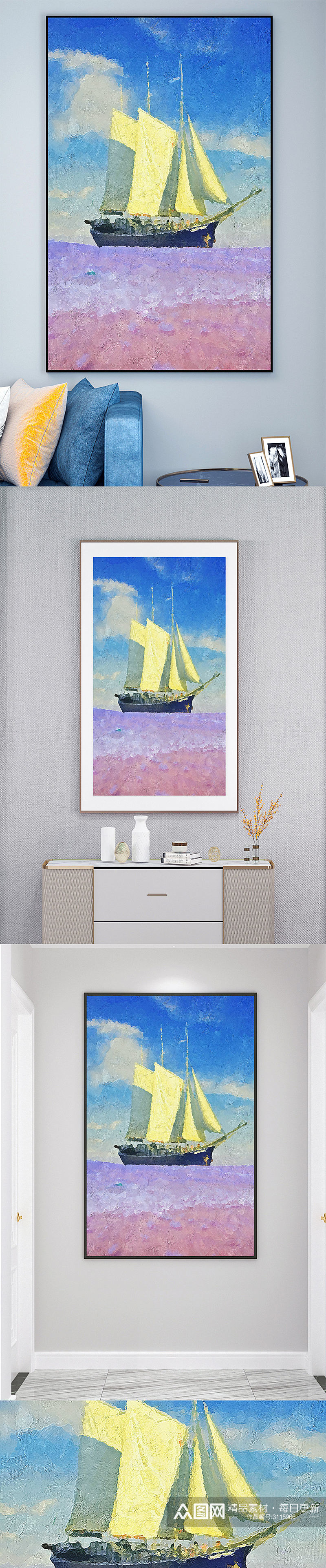 油画帆船海洋壁画装饰画素材