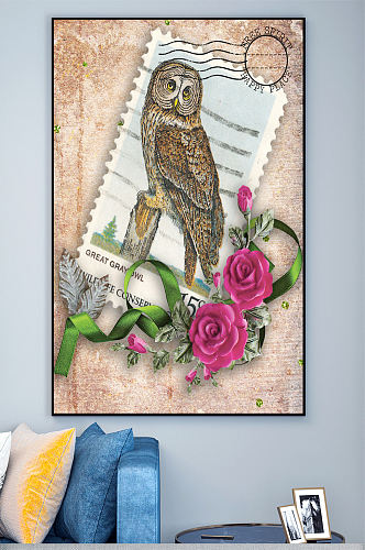 邮票猫头鹰动物壁画装饰画