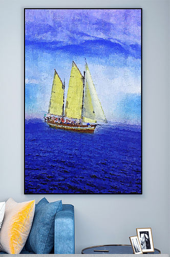 蓝色帆船油画壁画