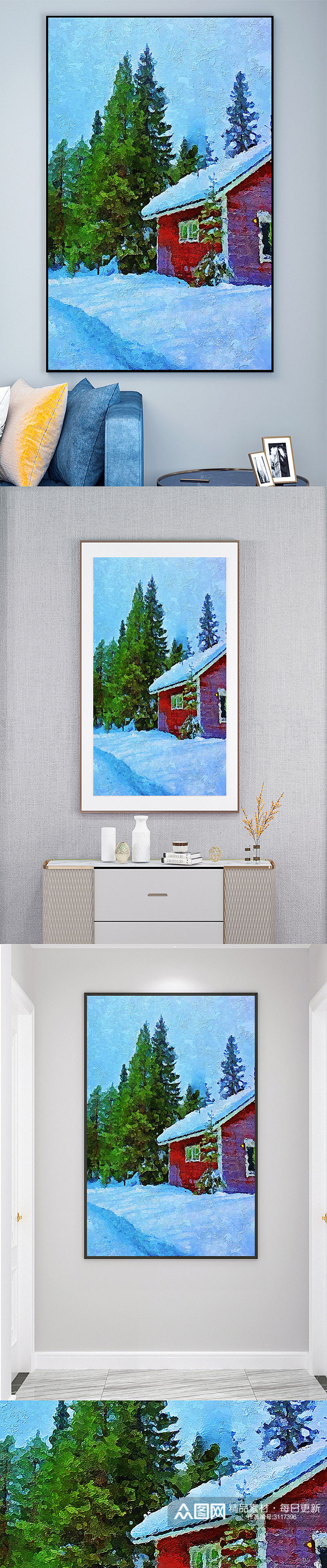雪季小屋风景壁画装饰画素材