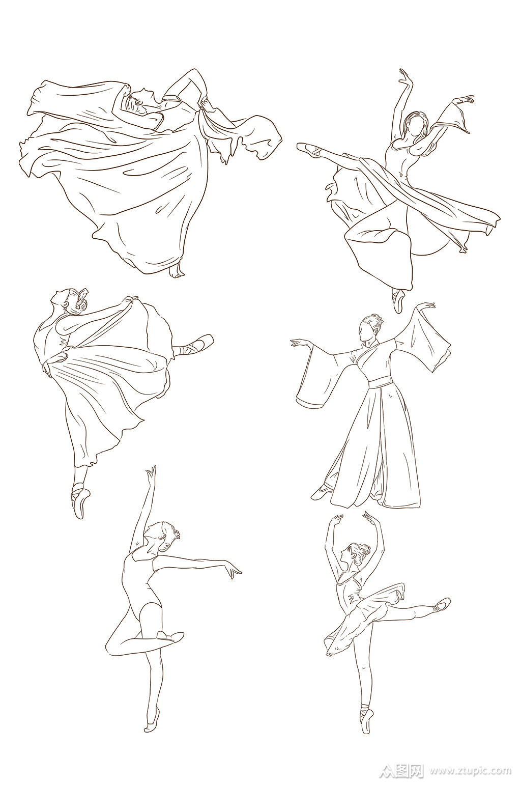 手绘舞蹈剪影黑白人物素材素材