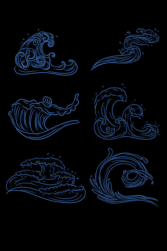 手绘日式浪花插画免抠蓝色浪花展板-众图网