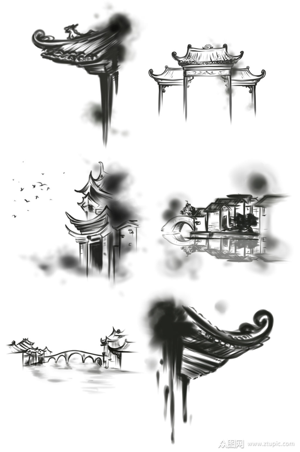 中国风水墨屋檐房屋免抠