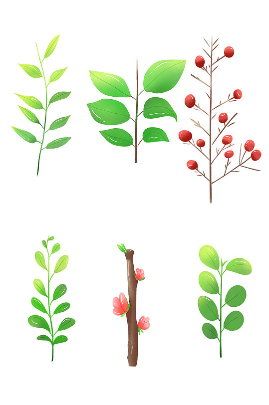 手绘水彩树枝根茎花杆素材