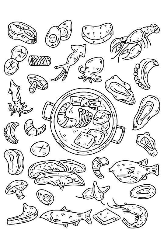 手绘线稿线条创意重庆火锅食材插画