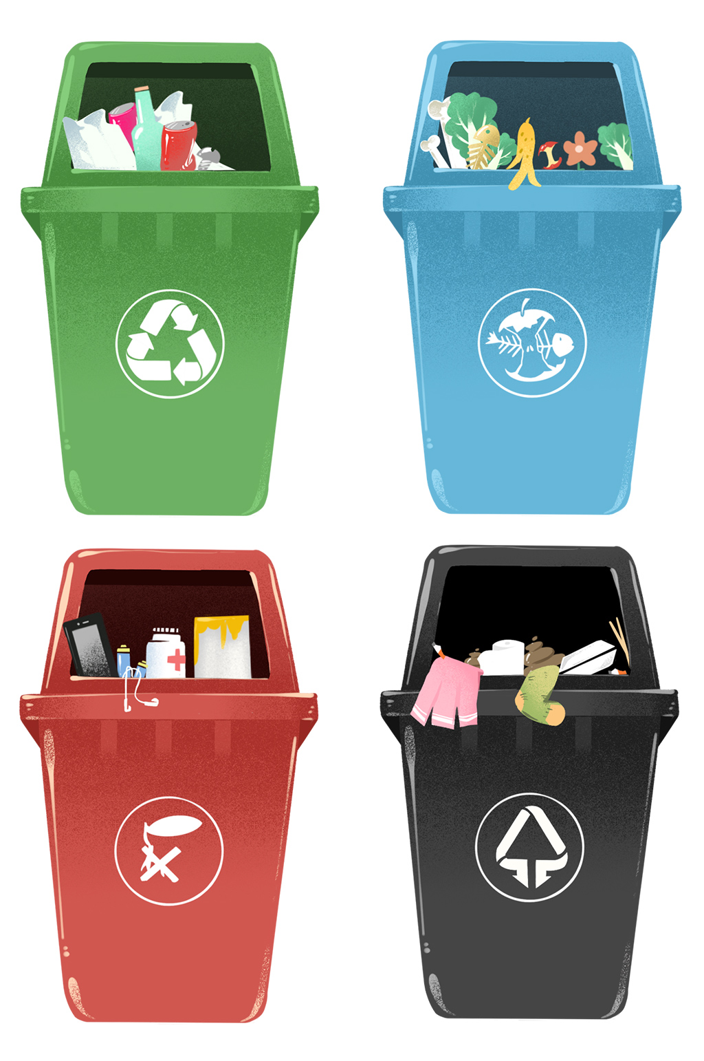 卡通环保分类垃圾桶图标四分类分类垃圾桶设计图