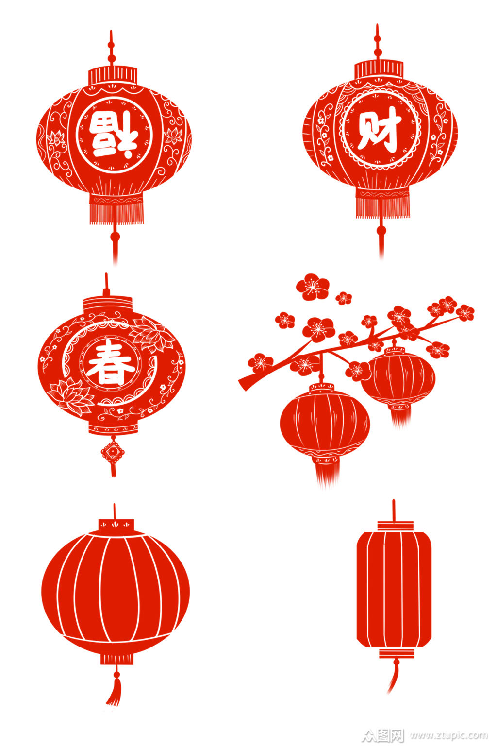 新年剪纸大红色灯笼素材