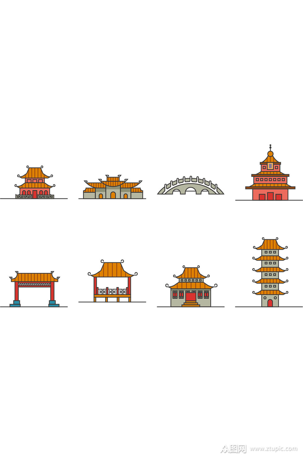 卡通中国风庙宇图案元素