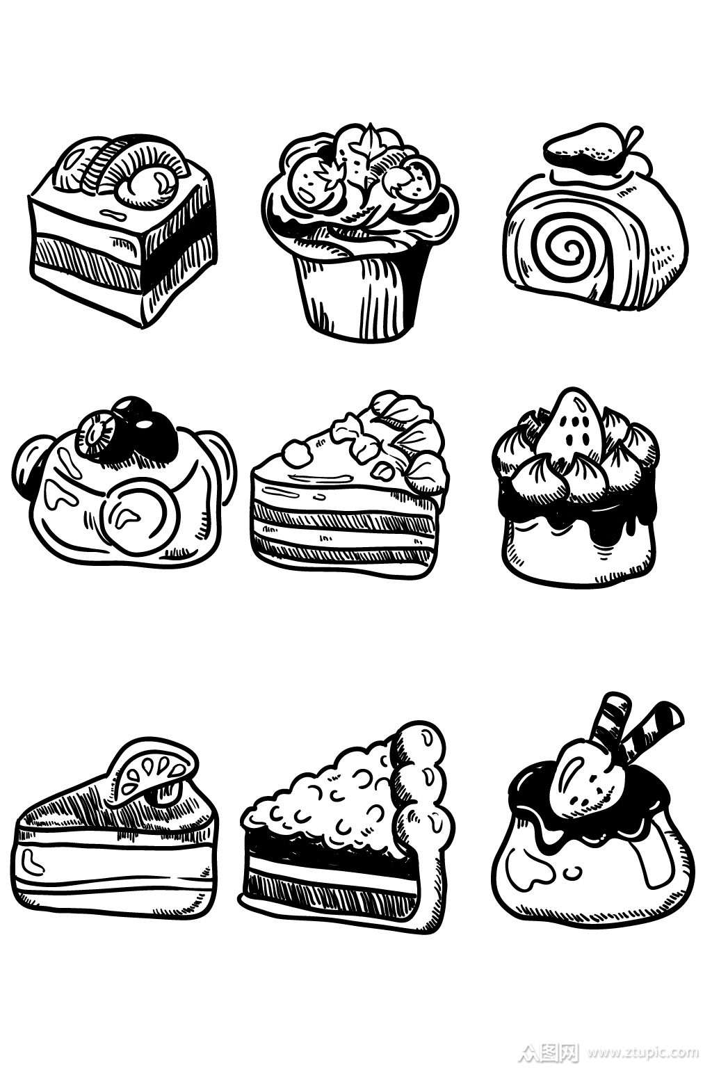 蛋糕卡通黑白手绘免抠素材