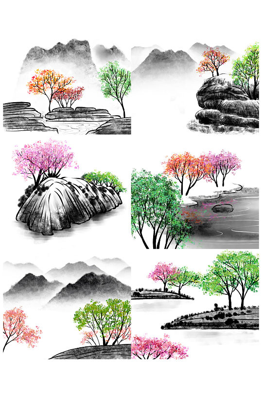 水墨山水树国画工笔PNG